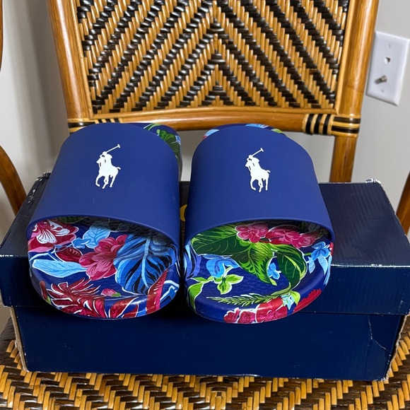 Polo Ralph Lauren Big Pony Navy Garden Floral Slides 14 New